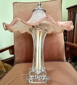 Italian Hand Blown Murano Pink Glass Rippled Swirl Table Lamp & Ruffled Shade