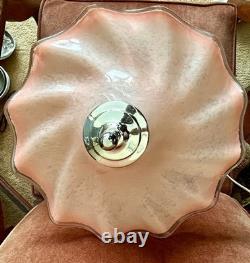 Italian Hand Blown Murano Pink Glass Rippled Swirl Table Lamp & Ruffled Shade