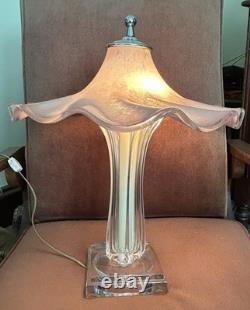 Italian Hand Blown Murano Pink Glass Rippled Swirl Table Lamp & Ruffled Shade
