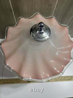 Italian Hand Blown Murano Pink Glass Rippled Swirl Table Lamp & Ruffled Shade
