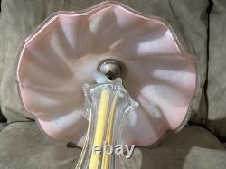Italian Hand Blown Murano Pink Glass Rippled Swirl Table Lamp & Ruffled Shade