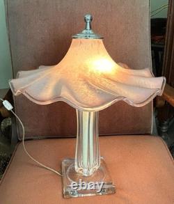 Italian Hand Blown Murano Pink Glass Rippled Swirl Table Lamp & Ruffled Shade