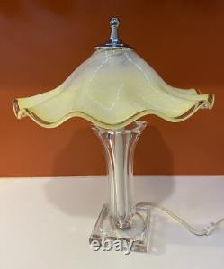 Italian Hand Blown Murano Yellow Glass Rippled Swirl Table Lamp & Ruffled Shade