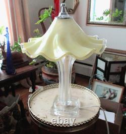 Italian Hand Blown Murano Yellow Glass Rippled Swirl Table Lamp & Ruffled Shade