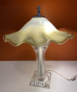 Italian Hand Blown Murano Yellow Glass Rippled Swirl Table Lamp & Ruffled Shade