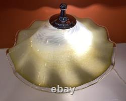 Italian Hand Blown Murano Yellow Glass Rippled Swirl Table Lamp & Ruffled Shade