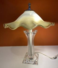 Italian Hand Blown Murano Yellow Glass Rippled Swirl Table Lamp & Ruffled Shade