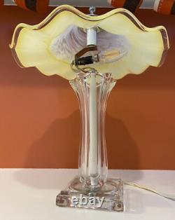 Italian Hand Blown Murano Yellow Glass Rippled Swirl Table Lamp & Ruffled Shade