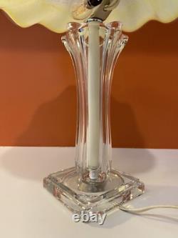 Italian Hand Blown Murano Yellow Glass Rippled Swirl Table Lamp & Ruffled Shade