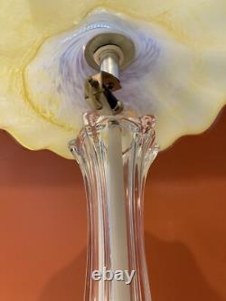 Italian Hand Blown Murano Yellow Glass Rippled Swirl Table Lamp & Ruffled Shade