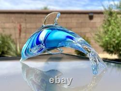 Italian Murano Blown Glass Dolphin Signed Maestro Dante Veni Blue Teal Turquoise