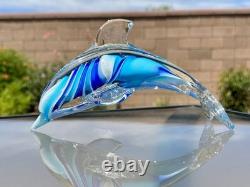 Italian Murano Blown Glass Dolphin Signed Maestro Dante Veni Blue Teal Turquoise