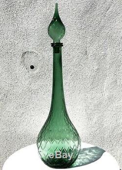 Italian Murano Empoli Green Genie Decanter Bottle Vase 26 Diamond Embossed MCM