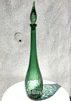 Italian Murano Empoli Green Genie Decanter Bottle Vase 26 Diamond Embossed MCM