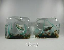 Italian Murano Glass Aquarium Pair, Fish Blocks, Bookends, Paperweights