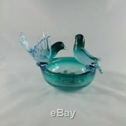 Italian Murano Glass Bird, Nest, Eggs Bowl Sculpture Blue, Turquoise, Gold