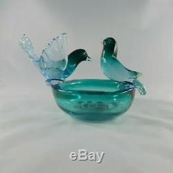 Italian Murano Glass Bird, Nest, Eggs Bowl Sculpture Blue, Turquoise, Gold