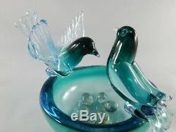 Italian Murano Glass Bird, Nest, Eggs Bowl Sculpture Blue, Turquoise, Gold