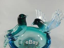 Italian Murano Glass Bird, Nest, Eggs Bowl Sculpture Blue, Turquoise, Gold