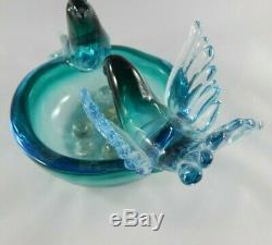 Italian Murano Glass Bird, Nest, Eggs Bowl Sculpture Blue, Turquoise, Gold