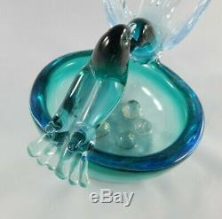 Italian Murano Glass Bird, Nest, Eggs Bowl Sculpture Blue, Turquoise, Gold