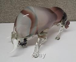 Italian Murano Hand Blown Glass Bull Sculpture Blue Eyes White Horns DETAILED