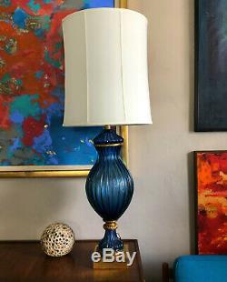 Italian Murano Marbro Sapphire Blue Gold Table Lamp Regency Archimede Seguso