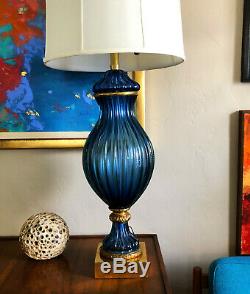 Italian Murano Marbro Sapphire Blue Gold Table Lamp Regency Archimede Seguso