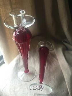 Italian Murano Venetian Seguso Glass Pair Ruby Red CandleSticks candle Holder 13