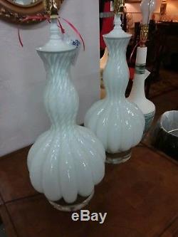 Italian hand blown spiral stem Murano glass lamps clear over white