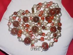 Italy Sommerso Hand Blown Antique Murano Glass Bead Necklace Red Pearl 50 Read