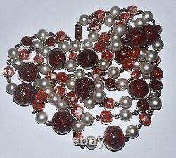 Italy Sommerso Hand Blown Antique Murano Glass Bead Necklace Red Pearl 50 Read