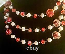 Italy Sommerso Hand Blown Antique Murano Glass Bead Necklace Red Pearl 50 Read