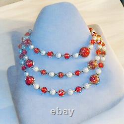 Italy Sommerso Hand Blown Antique Murano Glass Bead Necklace Red Pearl 50 Read