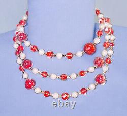 Italy Sommerso Hand Blown Antique Murano Glass Bead Necklace Red Pearl 50 Read