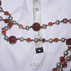 Italy Sommerso Hand Blown Antique Murano Glass Bead Necklace Red Pearl 50 Read