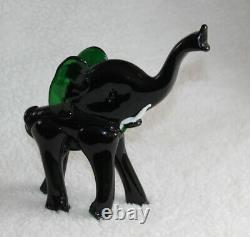 L? K Vtg Murano Dark Emerald Green Elephant White Tusks Artisan Glass Figurine