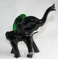 L? K Vtg Murano Dark Emerald Green Elephant White Tusks Artisan Glass Figurine