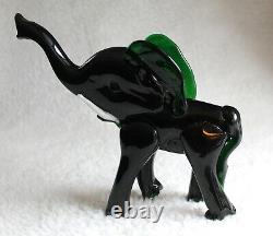 L? K Vtg Murano Dark Emerald Green Elephant White Tusks Artisan Glass Figurine