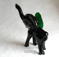 L? K Vtg Murano Dark Emerald Green Elephant White Tusks Artisan Glass Figurine