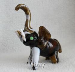 L? K Vtg Murano Elephant Trunk Up Brown White Swirl Artisan Slag Glass Figurine