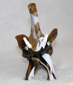 L? K Vtg Murano Elephant Trunk Up Brown White Swirl Artisan Slag Glass Figurine