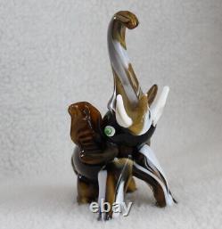 L? K Vtg Murano Elephant Trunk Up Brown White Swirl Artisan Slag Glass Figurine