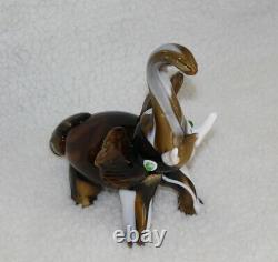 L? K Vtg Murano Elephant Trunk Up Brown White Swirl Artisan Slag Glass Figurine