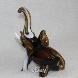 L? K Vtg Murano Elephant Trunk Up Brown White Swirl Artisan Slag Glass Figurine