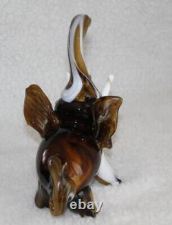 L? K Vtg Murano Elephant Trunk Up Brown White Swirl Artisan Slag Glass Figurine