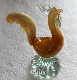 L\uD83D\uDC40K Vtg Murano Rooster Gold Fleck Amber Clear Artisan Glass Figurine