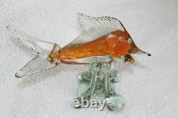 L\uD83D\uDC40K Vtg Orange Clear Swordfish Murano Art Glass Figurine Sculpture Hand Blown