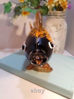 LARGE/HEAVY 10 MURANO STYLE HAND BLOWN ART GLASS FISH FIGURINE Black & Gold
