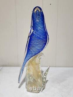 LARGE Hand Blown Blue Gold Murano Glass 14 Bird Parrot Cockatoo Figurine LABEL